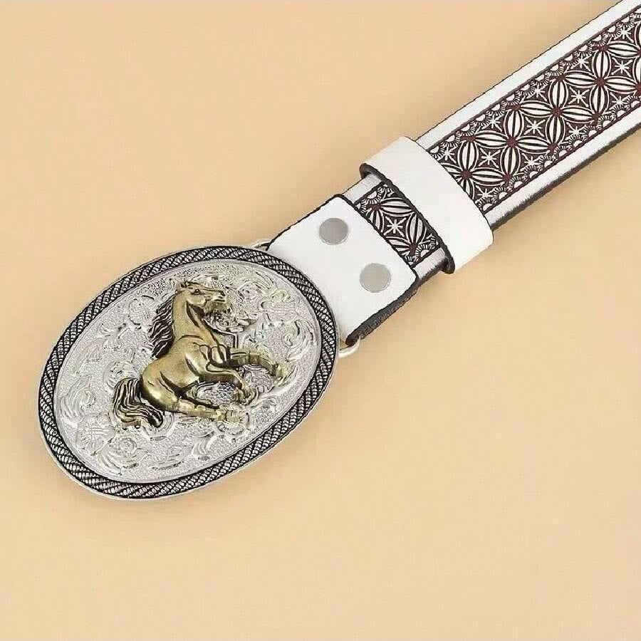 Ceinture en cuir foncé à boucle géométrique dorée sculptée en forme de cheval vintage - image 2