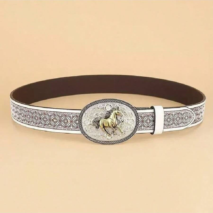 Ceinture en cuir foncé à boucle géométrique dorée sculptée en forme de cheval vintage - image 1