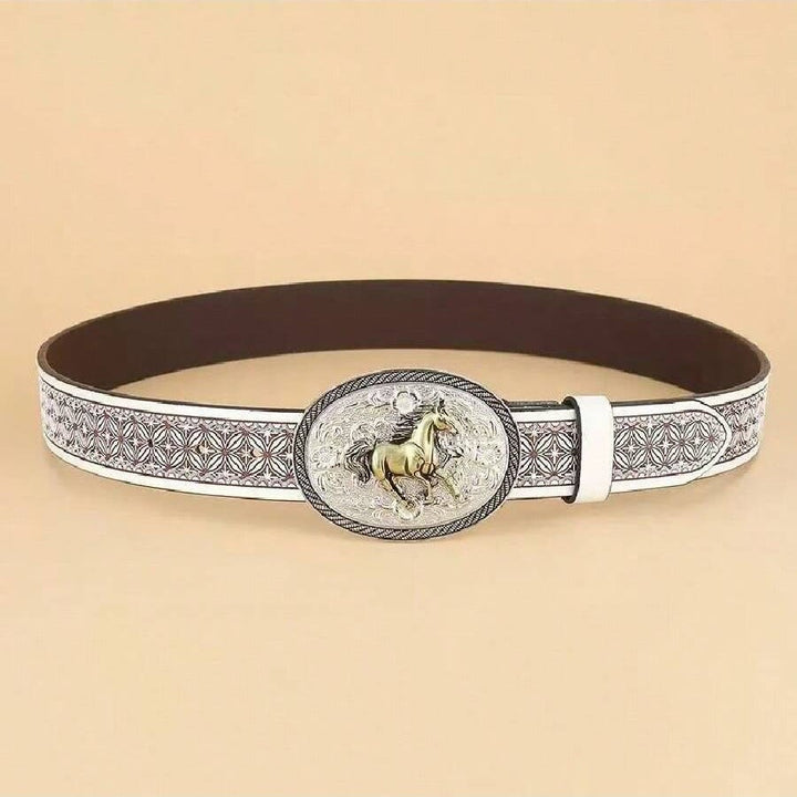 Ceinture en cuir foncé à boucle géométrique dorée sculptée en forme de cheval vintage - image 1