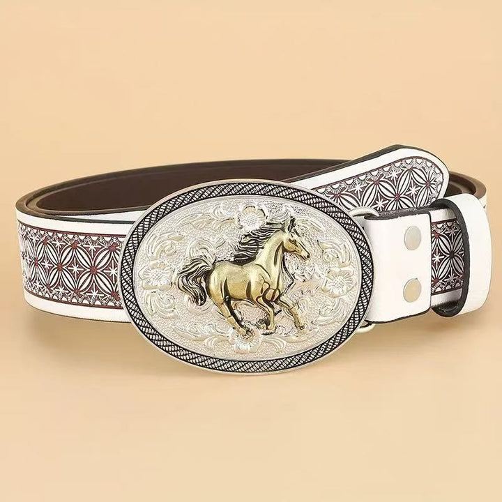 Ceinture en cuir foncé à boucle géométrique dorée sculptée en forme de cheval vintage - Argent - 42 - image 0