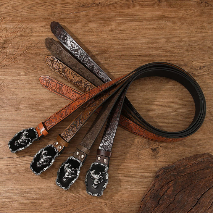 Ceinture en cuir multicolore sans trou avec boucle ornée d'un motif cheval rétro - image 0