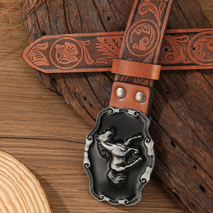 Ceinture en cuir multicolore sans trou avec boucle ornée d'un motif cheval rétro - Brun chocolat - 44 - image 4
