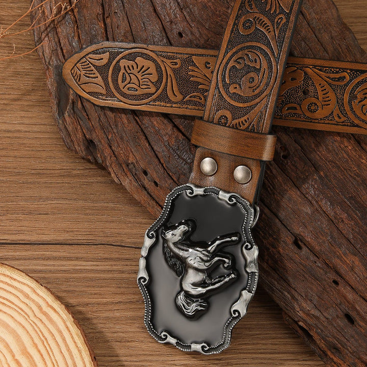 Ceinture en cuir multicolore sans trou avec boucle ornée d'un motif cheval rétro - Couleur caramel - 44 - image 3