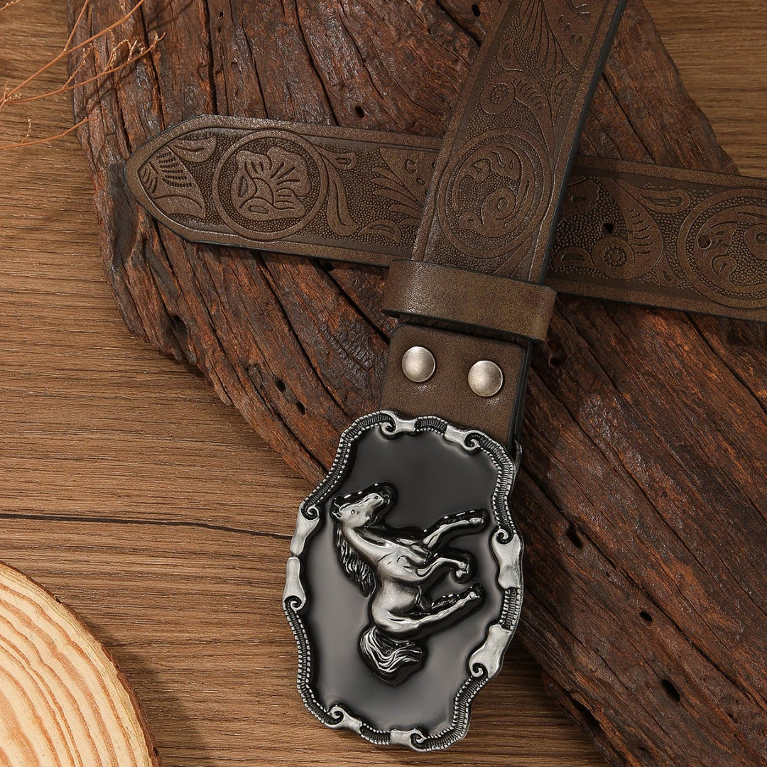 Ceinture en cuir multicolore sans trou avec boucle ornée d'un motif cheval rétro - Kaki foncé - 44 - image 5