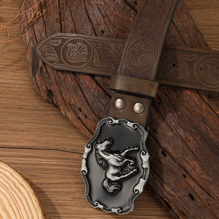 Ceinture en cuir multicolore sans trou avec boucle ornée d'un motif cheval rétro - Kaki foncé - 44 - image 5