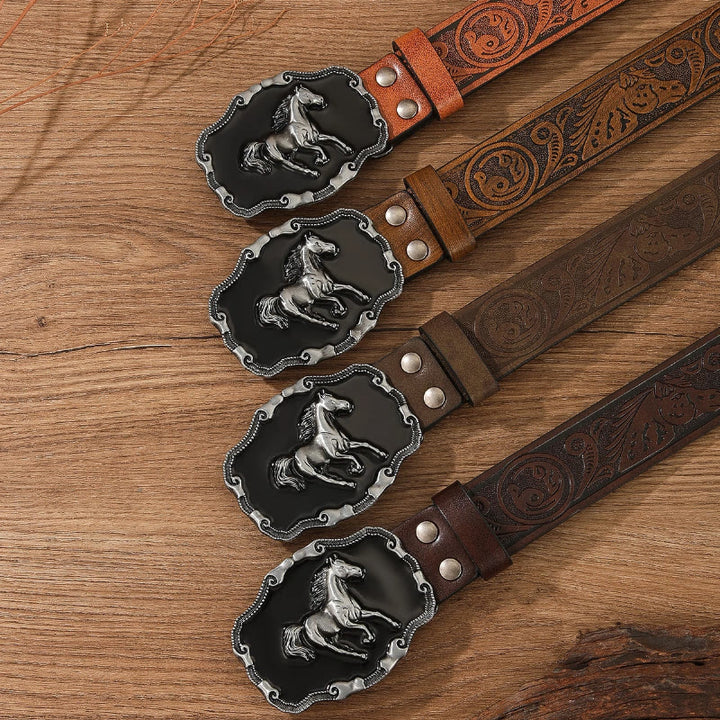 Ceinture en cuir multicolore sans trou avec boucle ornée d'un motif cheval rétro - image 1