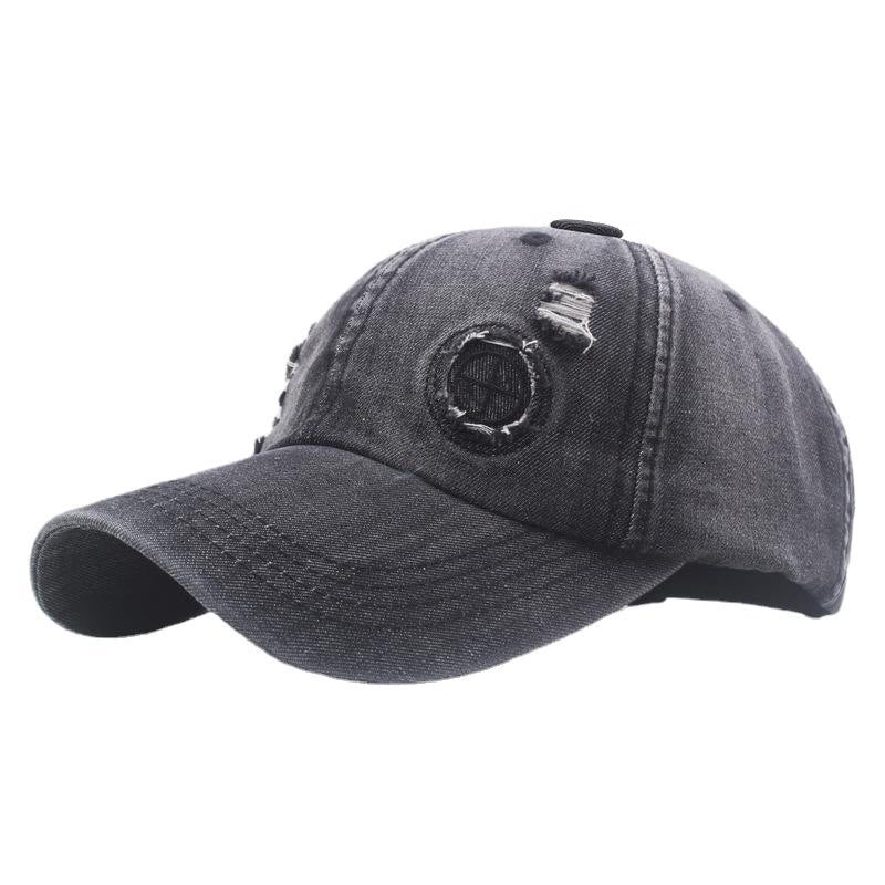 Casquette de baseball rétro en denim délavé avec détails déchirés - Noir - Réglable (22''-24") - image 1