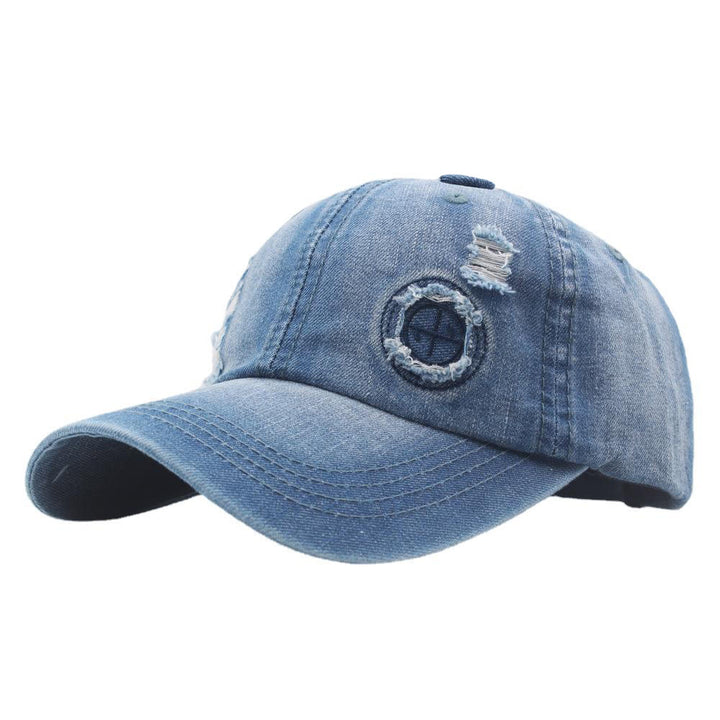 Casquette de baseball rétro en denim délavé avec détails déchirés - Bleu moyen - Réglable (22''-24") - image 0
