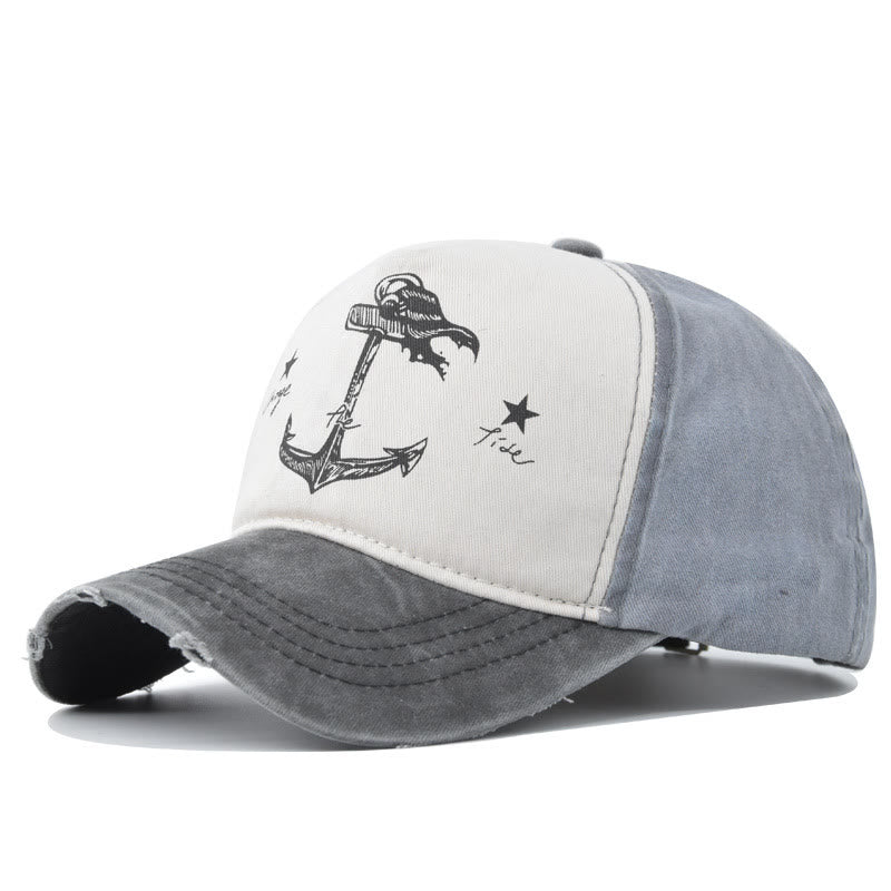 Casquette de baseball multicolore à imprimé ancre bicolore vieilli et à visière effilochée - Style n° 1 - Réglable (21 1/4''-23 5/8'') - image 0