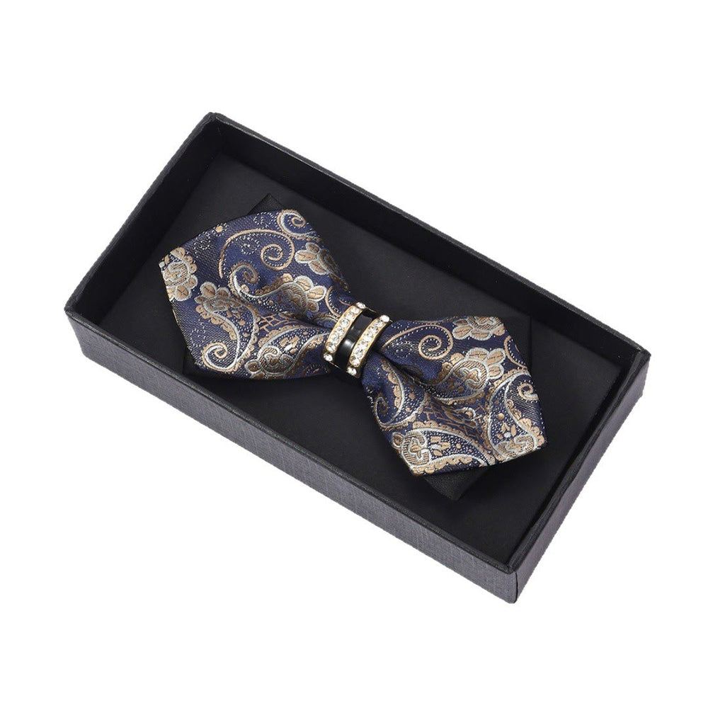 Nœud papillon pour homme en tissu cachemire bleu marine et or - image 1