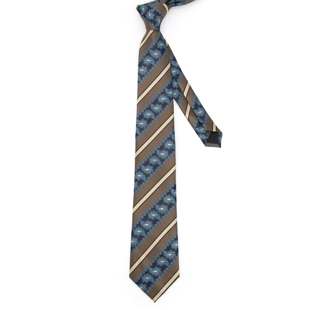 Ensemble de 3 cravates pour homme : rayures marron et motif cachemire marine - image 2