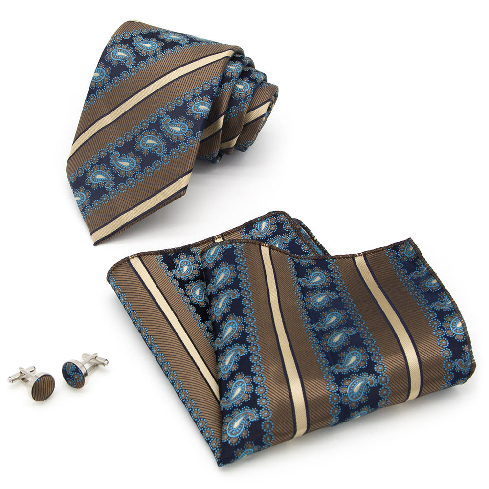 Ensemble de 3 cravates pour homme : rayures marron et motif cachemire marine - image 1