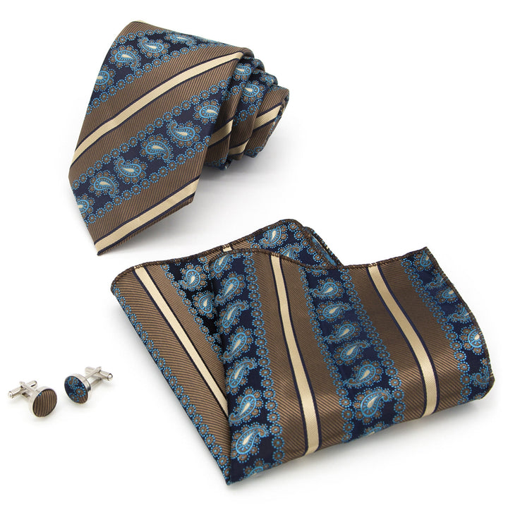 Ensemble de 3 cravates pour homme : rayures marron et motif cachemire marine - image 1