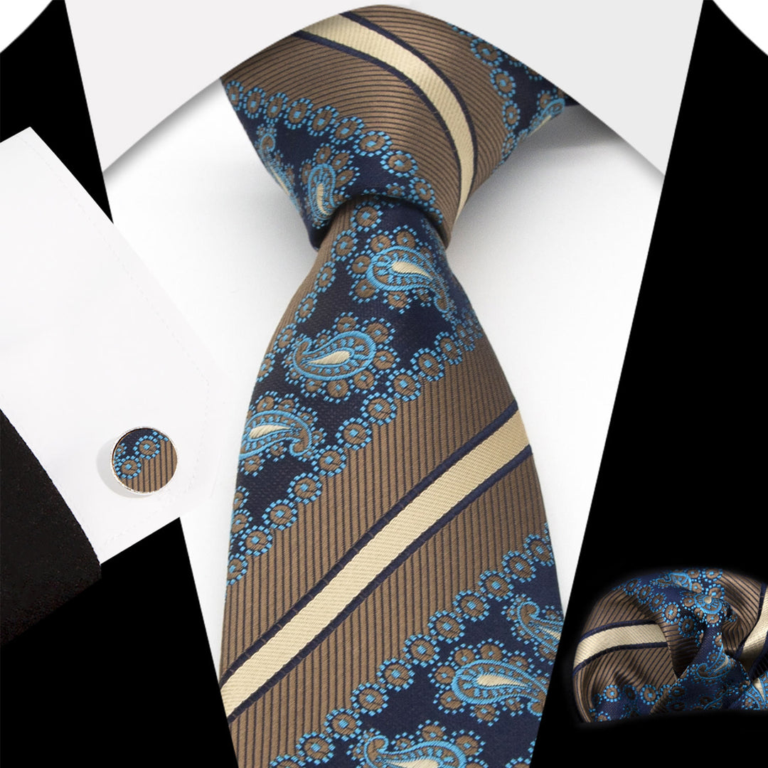 Ensemble de 3 cravates pour homme : rayures marron et motif cachemire marine - Marron et marine - image 0