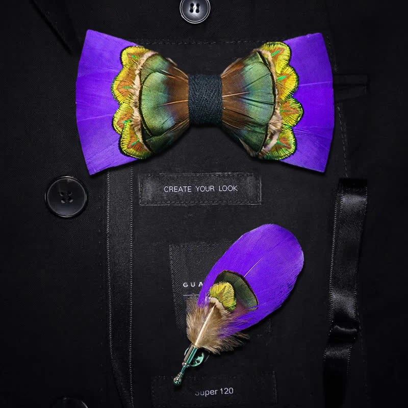 Nœud papillon royal violet et vert à plumes avec épingle à revers - Violet et vert - Adulte - image 0