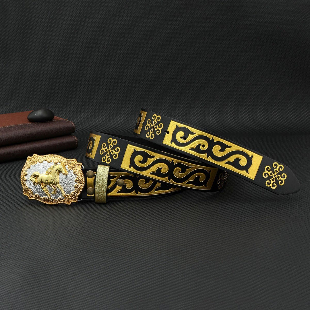 Ceinture pour homme avec boucle sculptée Golden Horse, noire et dorée en relief - Doré - 40 - image 0
