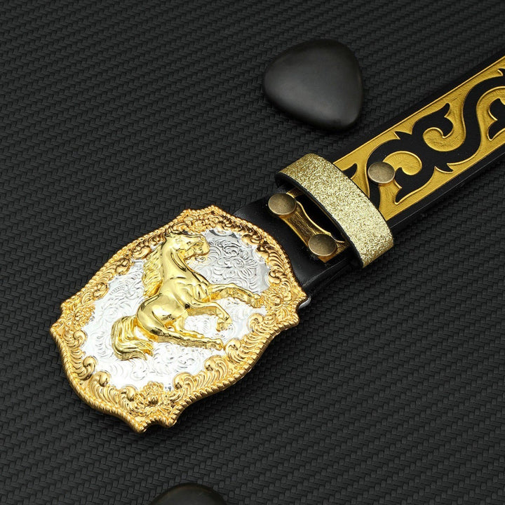 Ceinture pour homme avec boucle sculptée Golden Horse, noire et dorée en relief - image 1