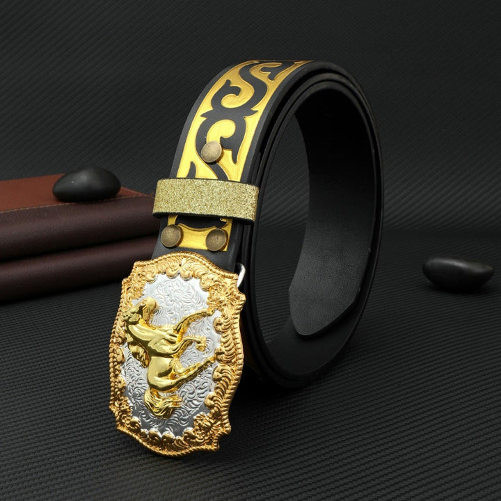 Ceinture pour homme avec boucle sculptée Golden Horse, noire et dorée en relief - image 3