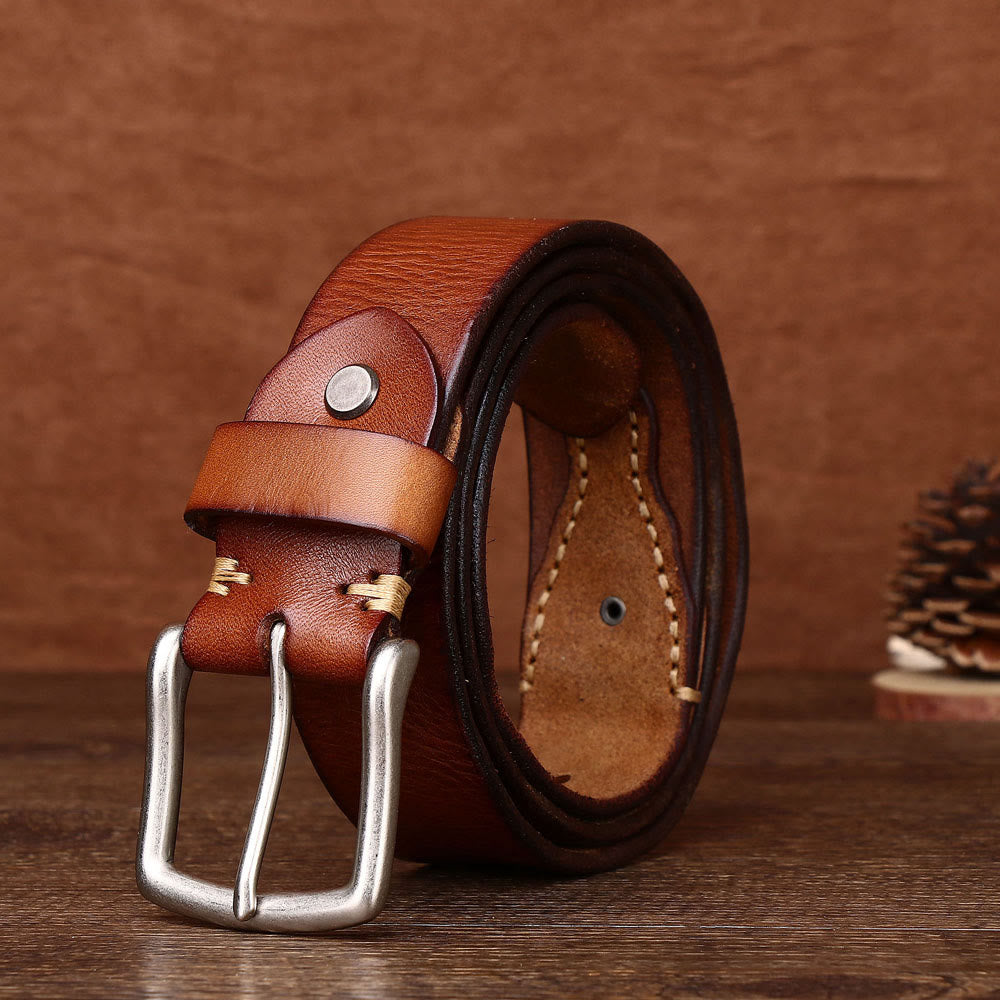 Ceinture en cuir pour homme avec boucle ardillon argentée rétro - Kaki - 44 - image 5