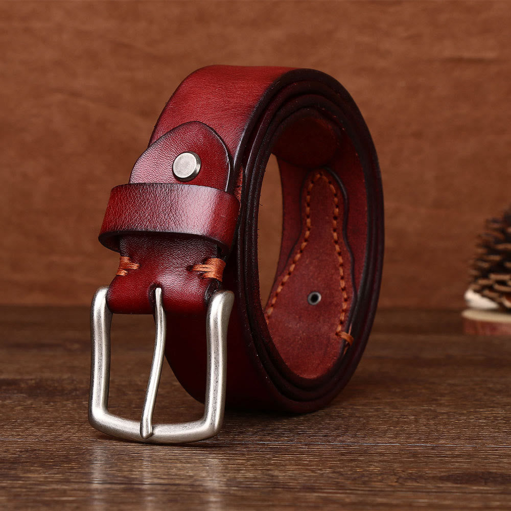Ceinture en cuir pour homme avec boucle ardillon argentée rétro - Vin - 44 - image 6
