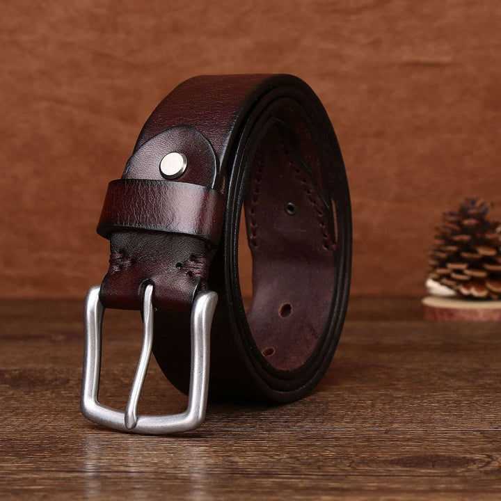 Ceinture en cuir pour homme avec boucle ardillon argentée rétro - Café - 44 - image 1