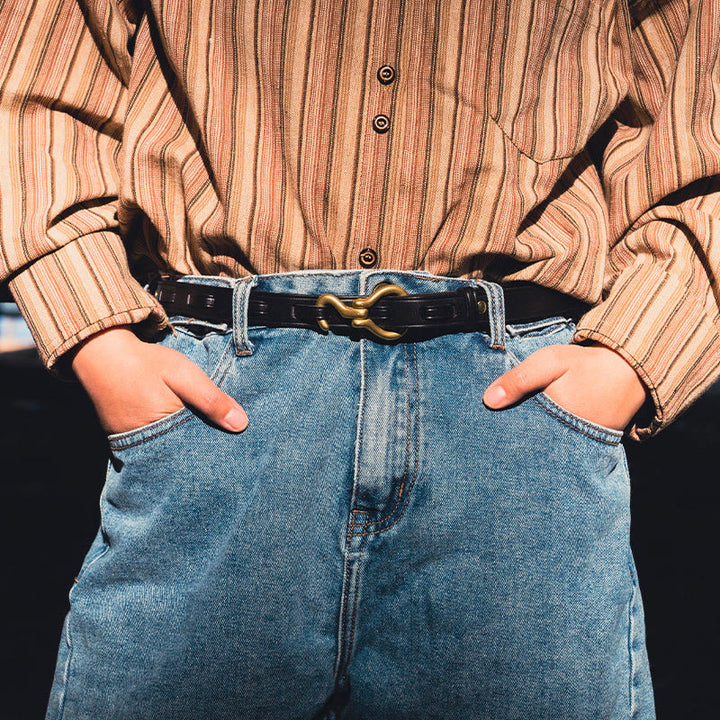 Ceinture en cuir pour femme, fine et élégante, avec boucle ardillon dorée - image 1
