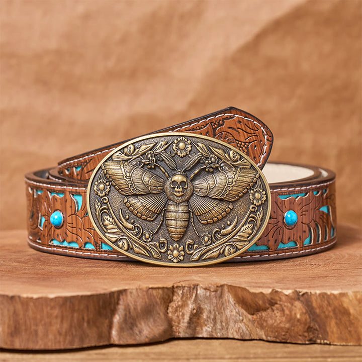 Ceinture en cuir Dark Elegance à boucle papillon de nuit et tête de mort - Bronze - Ceinture turquoise sculptée - 42 - image 3