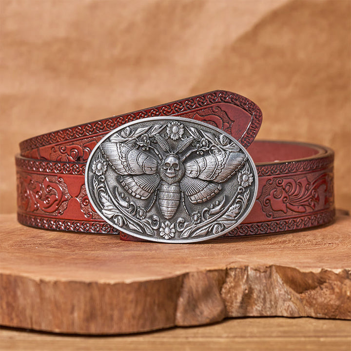 Ceinture en cuir Dark Elegance à boucle papillon de nuit et tête de mort - Argent - Ceinture sculptée marron - 42 - image 14