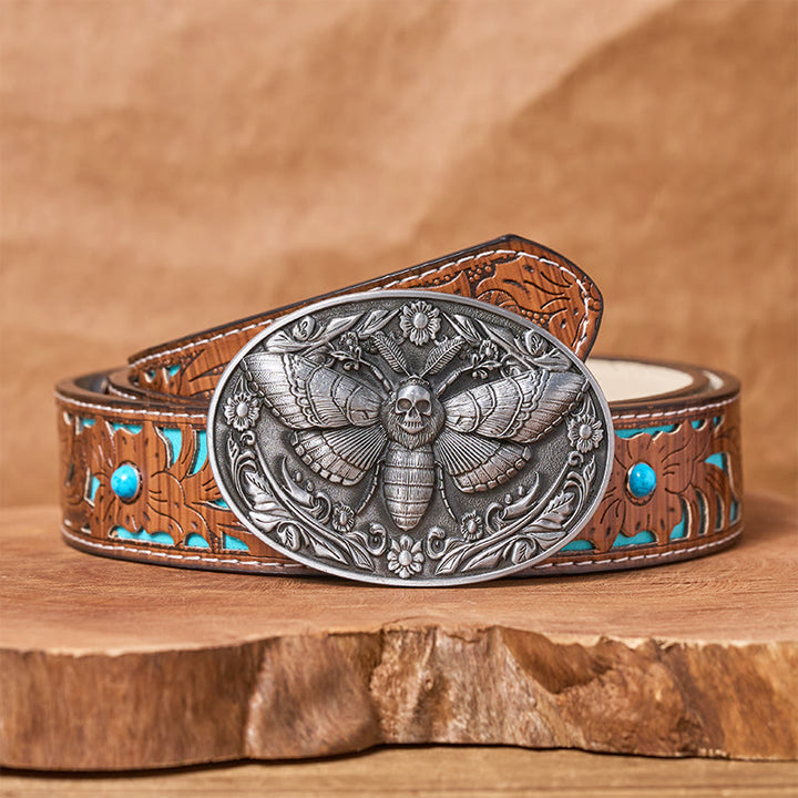 Ceinture en cuir Dark Elegance à boucle papillon de nuit et tête de mort - Argent - Ceinture turquoise sculptée - 42 - image 11