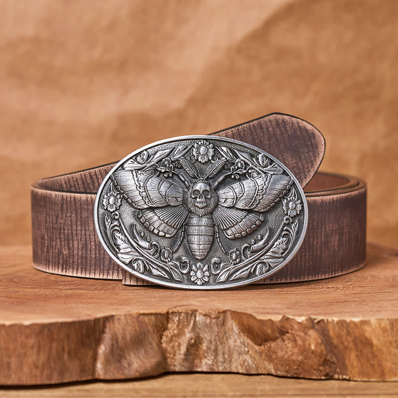 Ceinture en cuir Dark Elegance à boucle papillon de nuit et tête de mort - Argent - Ceinture marron vieillie - 42 - image 13