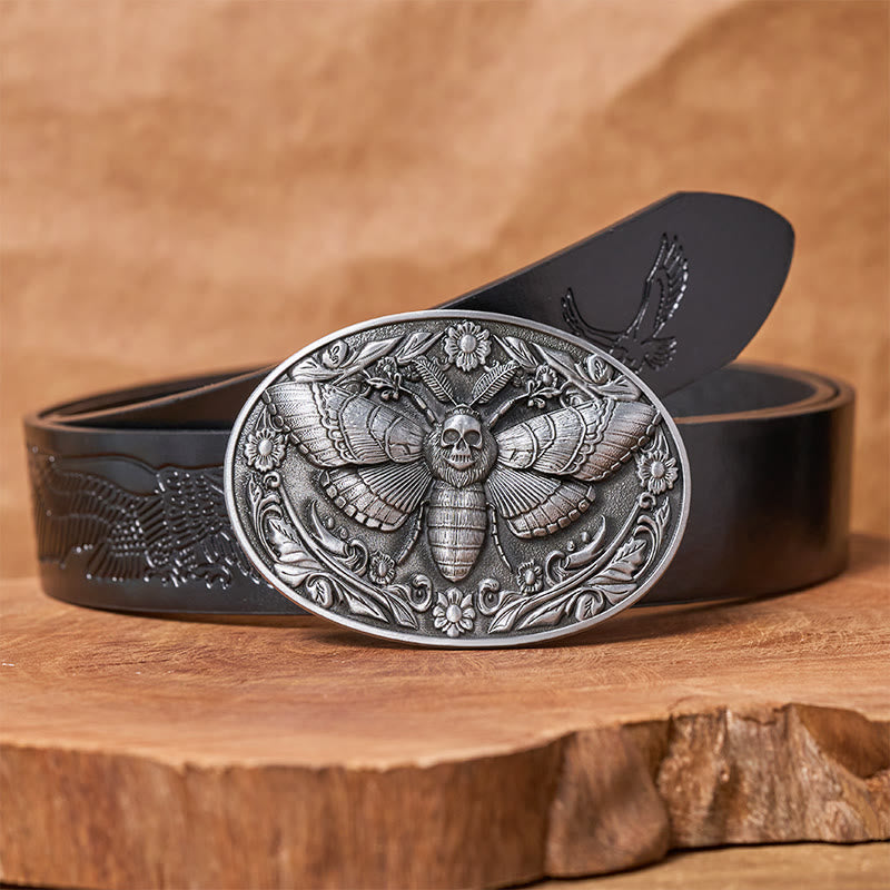 Ceinture en cuir Dark Elegance à boucle papillon de nuit et tête de mort - Argent - Ceinture noire à motif aigle en relief - 42 - image 10