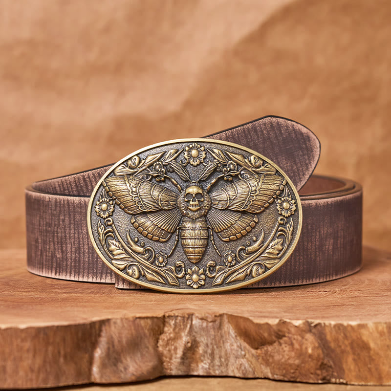 Ceinture en cuir Dark Elegance à boucle papillon de nuit et tête de mort - Bronze - Ceinture marron vieillie - 42 - image 5