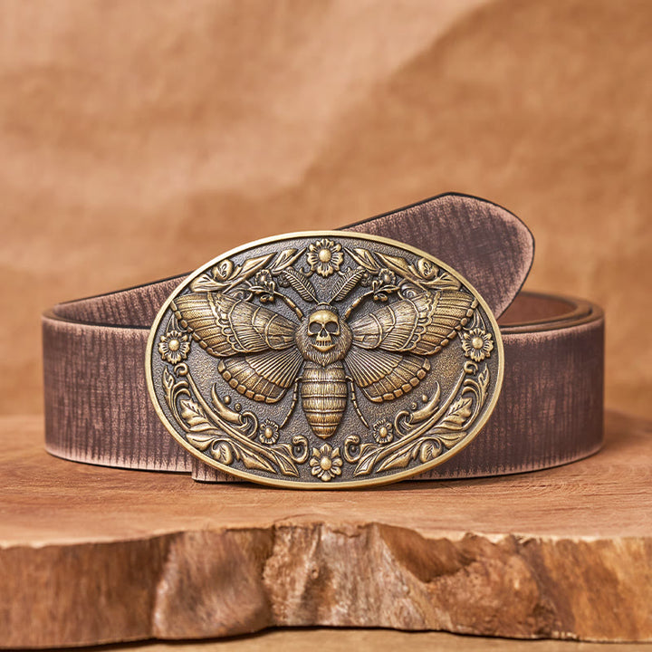 Ceinture en cuir Dark Elegance à boucle papillon de nuit et tête de mort - Bronze - Ceinture marron vieillie - 42 - image 5