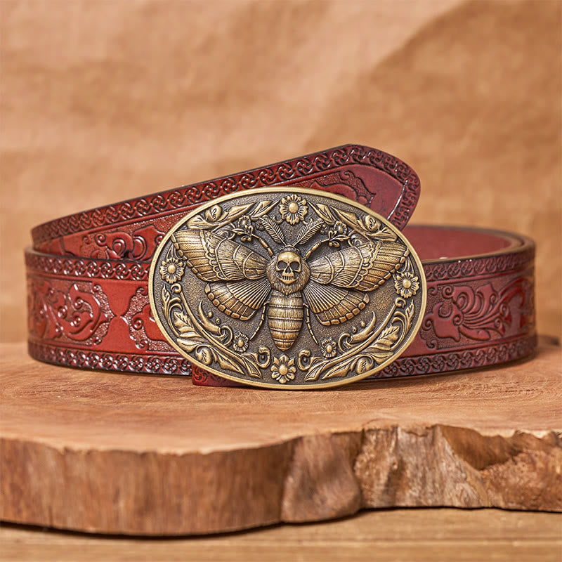 Ceinture en cuir Dark Elegance à boucle papillon de nuit et tête de mort - Bronze - Ceinture sculptée marron - 42 - image 6