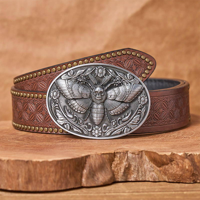 Ceinture en cuir Dark Elegance à boucle papillon de nuit et tête de mort - Argent - Ceinture à rivets marron - 42 - image 12
