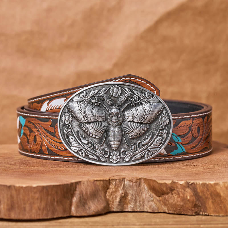 Ceinture en cuir Dark Elegance à boucle papillon de nuit et tête de mort - Argent - Ceinture de plumes brunes - 40 - image 15