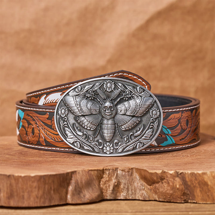 Ceinture en cuir Dark Elegance à boucle papillon de nuit et tête de mort - Argent - Ceinture de plumes brunes - 40 - image 15