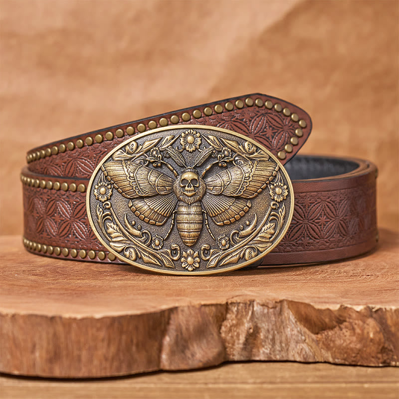 Ceinture en cuir Dark Elegance à boucle papillon de nuit et tête de mort - Bronze - Ceinture à rivets marron - 42 - image 4