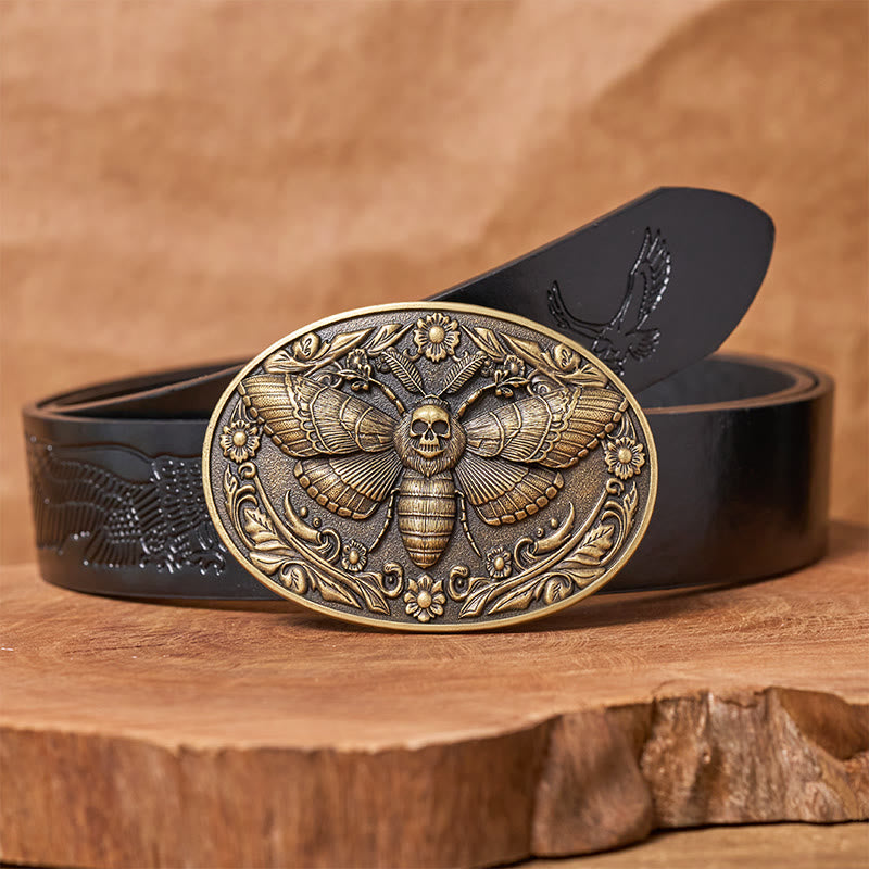 Ceinture en cuir Dark Elegance à boucle papillon de nuit et tête de mort - Bronze - Ceinture noire à motif aigle en relief - 42 - image 2