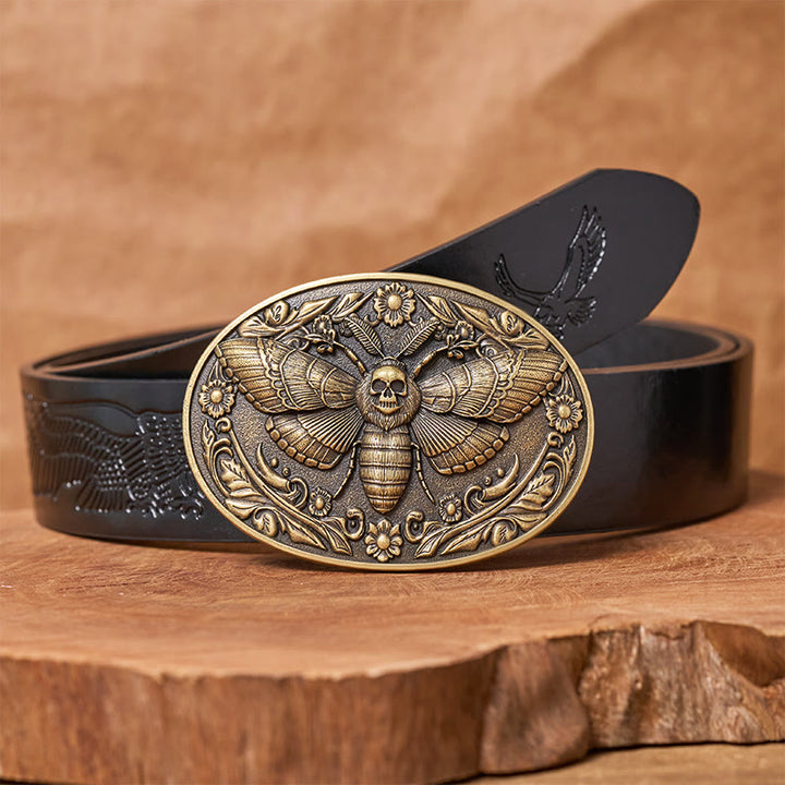 Ceinture en cuir Dark Elegance à boucle papillon de nuit et tête de mort - Bronze - Ceinture noire à motif aigle en relief - 42 - image 2