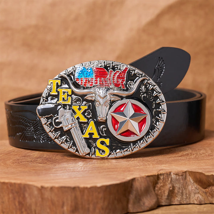 Ceinture en cuir style Texas Longhorn et étoile avec boucle à faire soi-même - Longhorn du Texas - Ceinture noire à motif aigle en relief - 42 - image 2