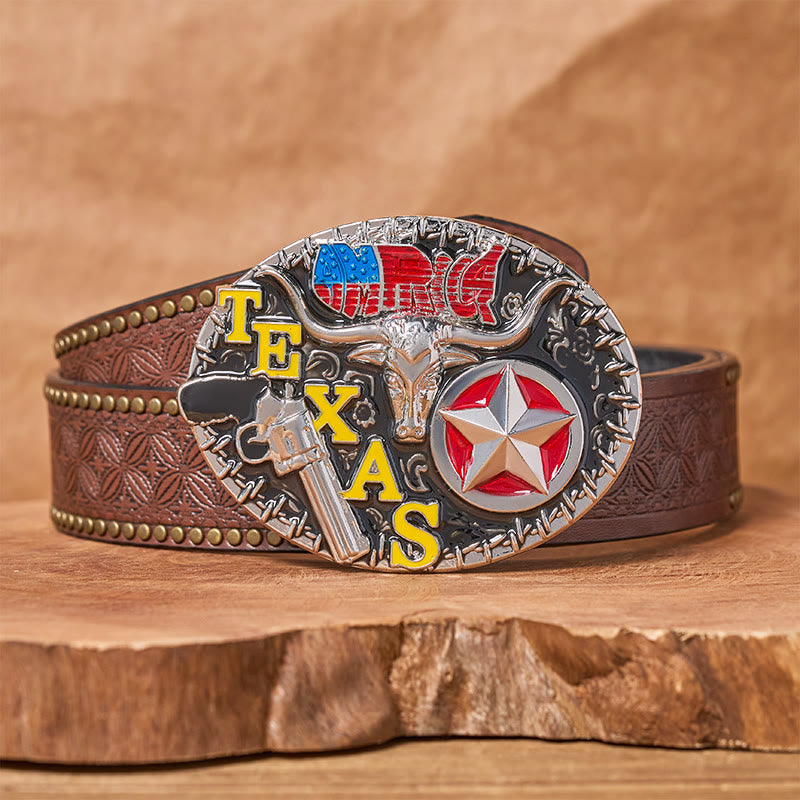 Ceinture en cuir style Texas Longhorn et étoile avec boucle à faire soi-même - Longhorn du Texas - Ceinture à rivets marron - 42 - image 4