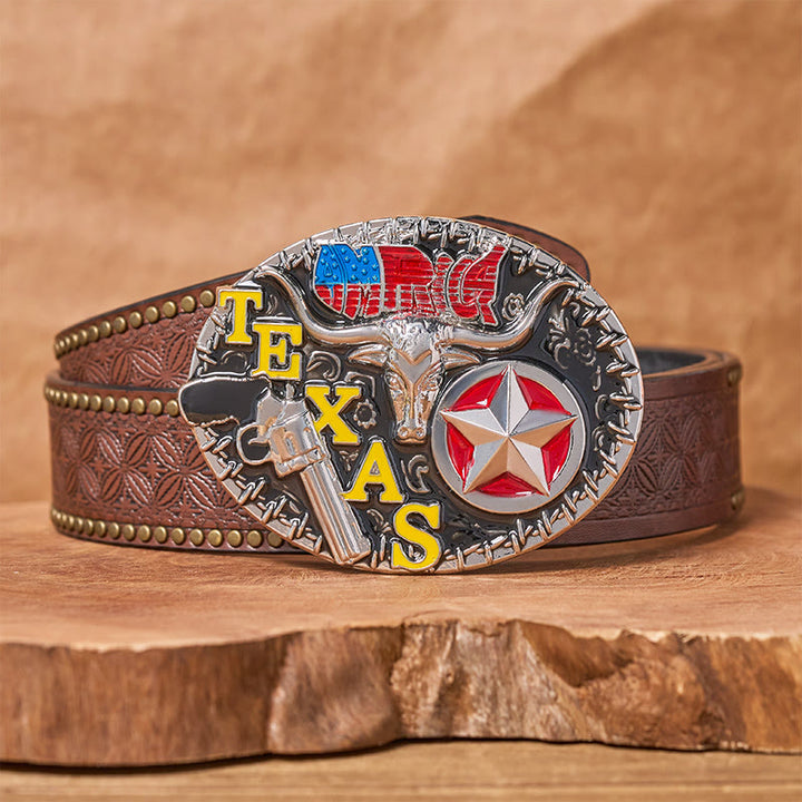 Ceinture en cuir style Texas Longhorn et étoile avec boucle à faire soi-même - Longhorn du Texas - Ceinture à rivets marron - 42 - image 4
