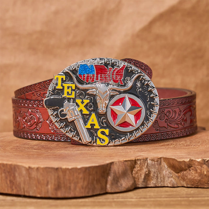 Ceinture en cuir style Texas Longhorn et étoile avec boucle à faire soi-même - Longhorn du Texas - Ceinture sculptée marron - 42 - image 6