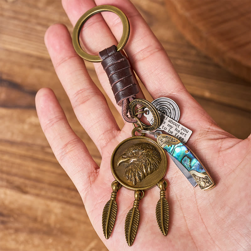 Porte-clés couteau pliant rétro avec pendentif rond en forme de coquillage et pendentif tête d'aigle, texture coquillage - image 2