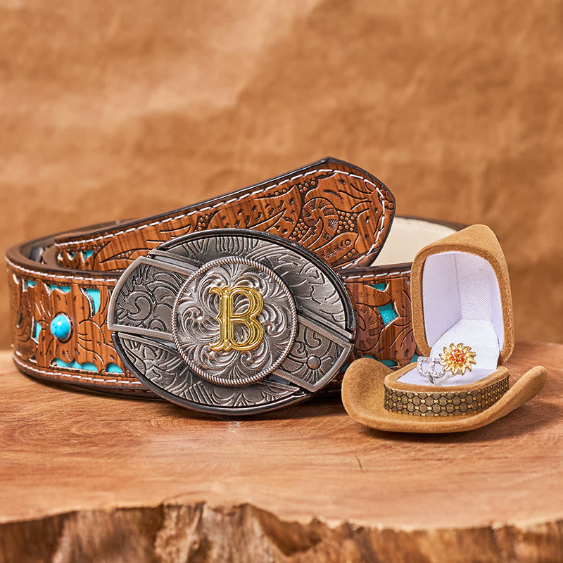 Ensemble de boucles de ceinture avec anneau tournesol rotatif, initiale et couteau caché à monter soi-même - B - Ceinture turquoise sculptée (40) - image 4