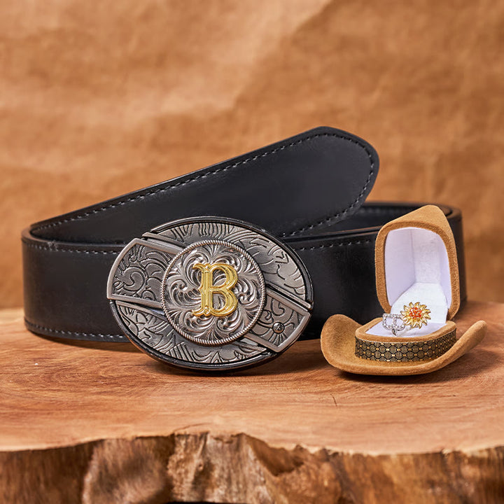 Ensemble de boucles de ceinture avec anneau tournesol rotatif, initiale et couteau caché à monter soi-même - B - Ceinture aigle en relief noir (40) - image 3