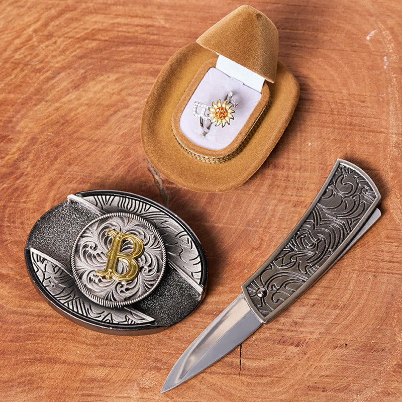 Ensemble de boucles de ceinture avec anneau tournesol rotatif, initiale et couteau caché à monter soi-même - image 1