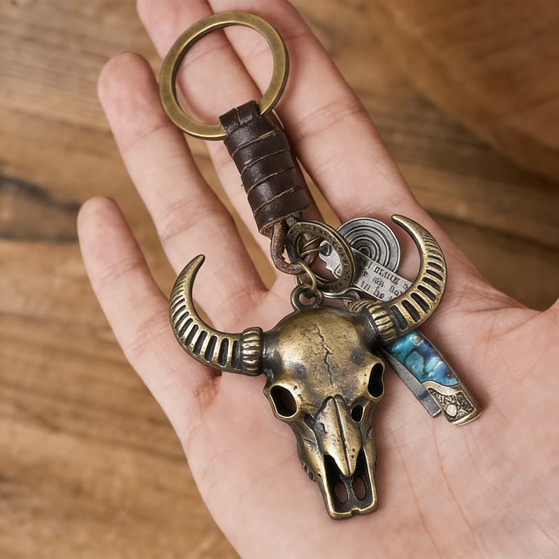 Porte-clés couteau pliant rétro avec pendentif tête de taureau et texture coquillage - image 2