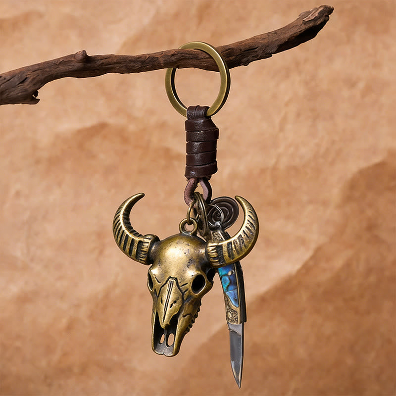 Porte-clés couteau pliant rétro avec pendentif tête de taureau et texture coquillage - image 3